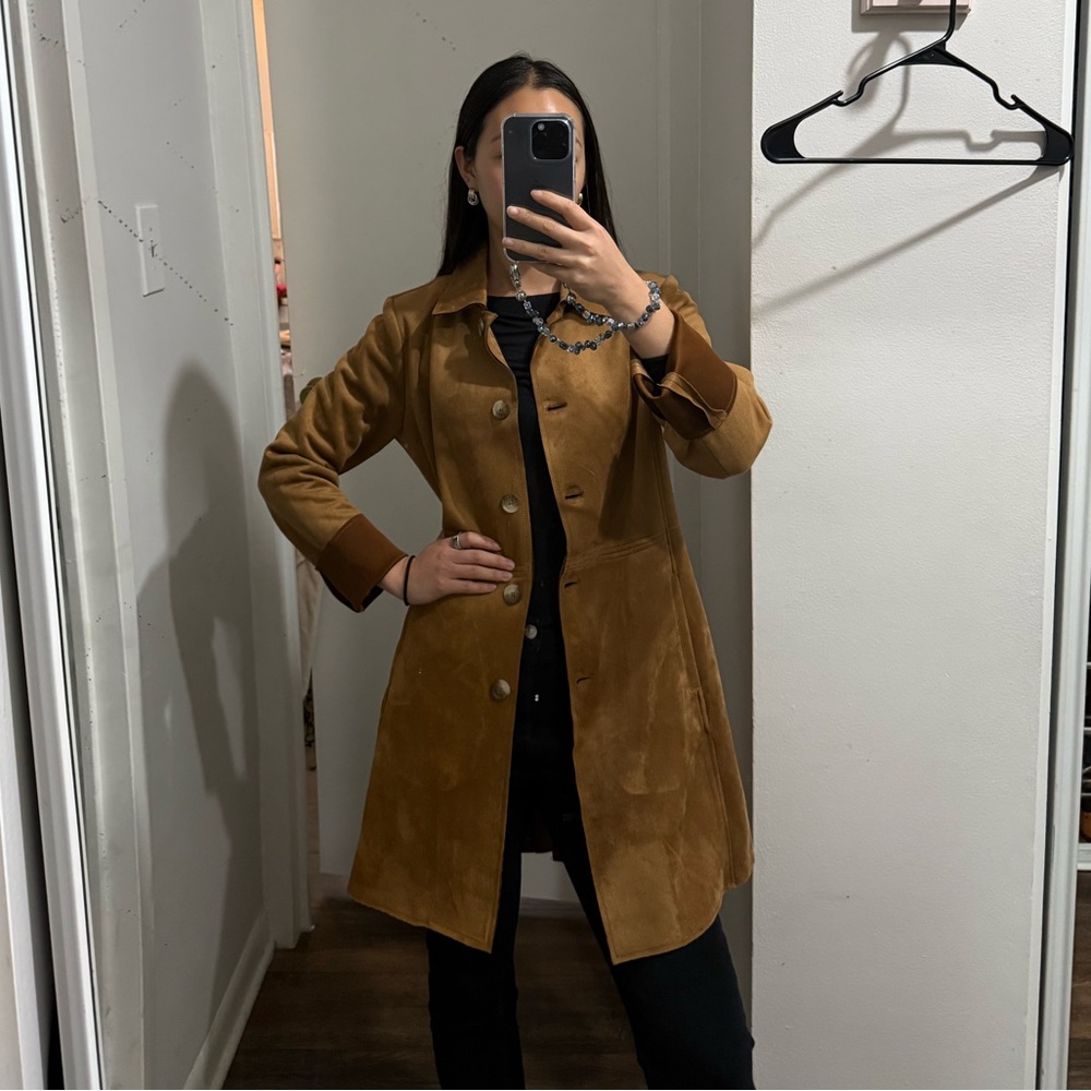 Tahari Faux Suede Camel Brown Trench Coat